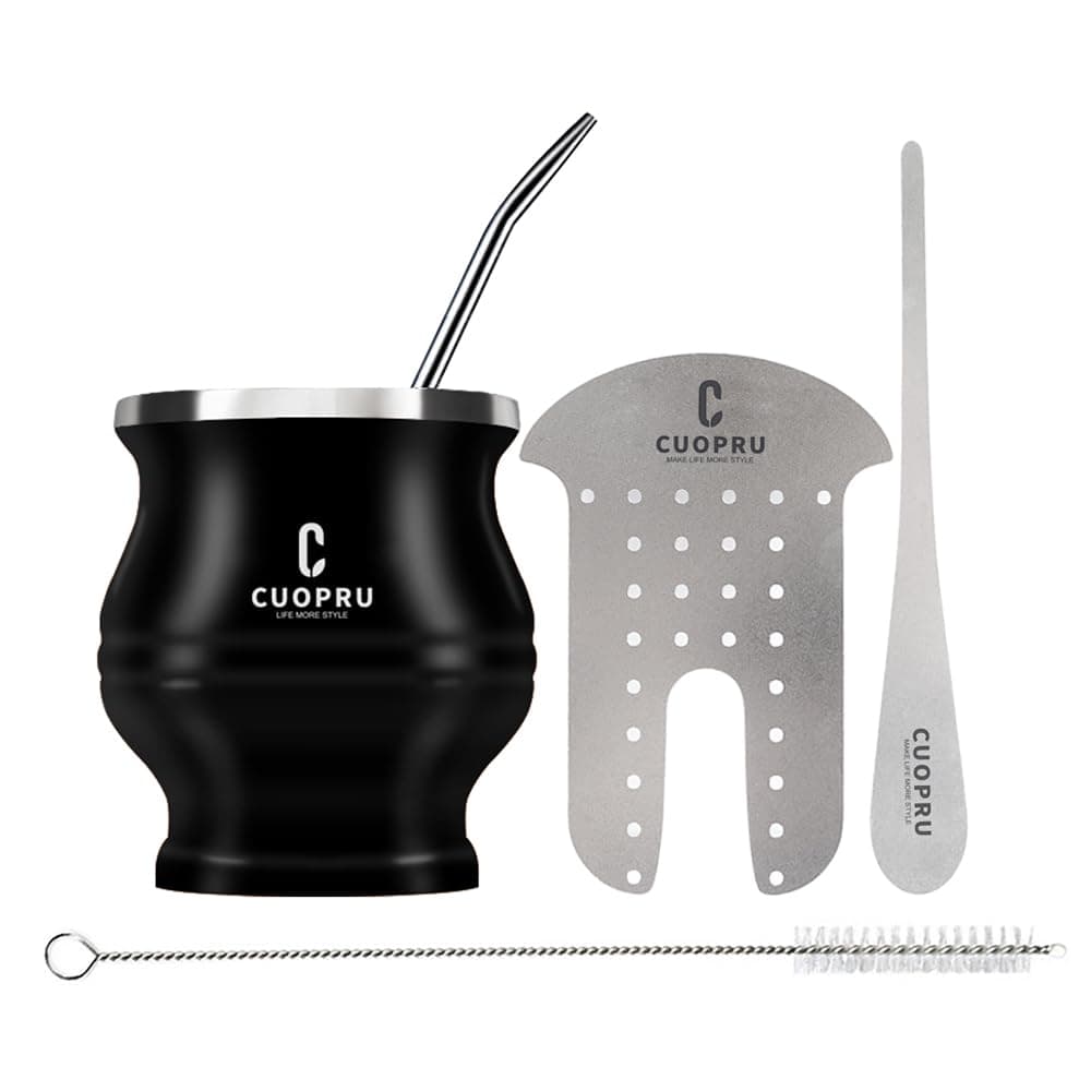 Yerba Mate Cup - Mate Gourd Set Includes Double Walled Stainless Steel Tea Cup, Tea Shaper set, Bombilla Straws, Cleaning Brush
