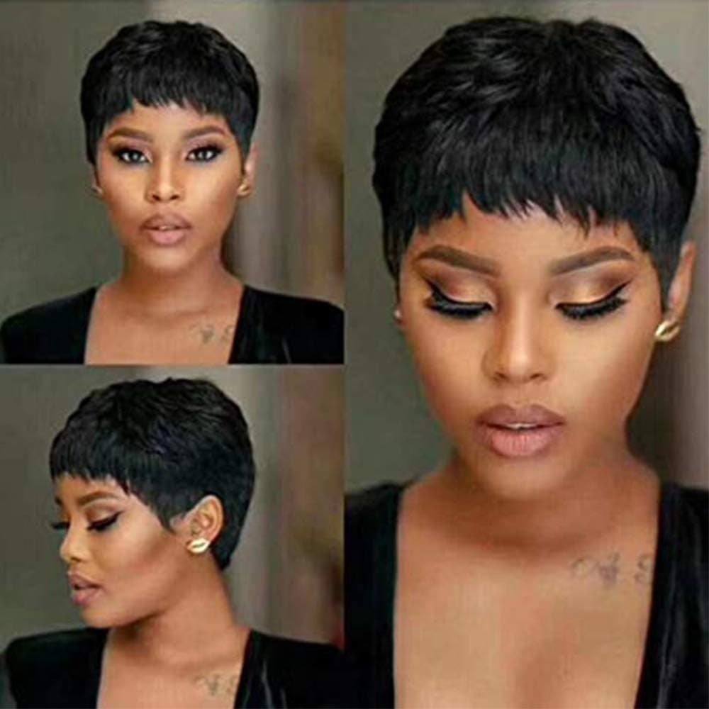 VRVOGUE Human Hair Pixie Wig - Short Black Wavy Layered Cut for Black Women (1B)