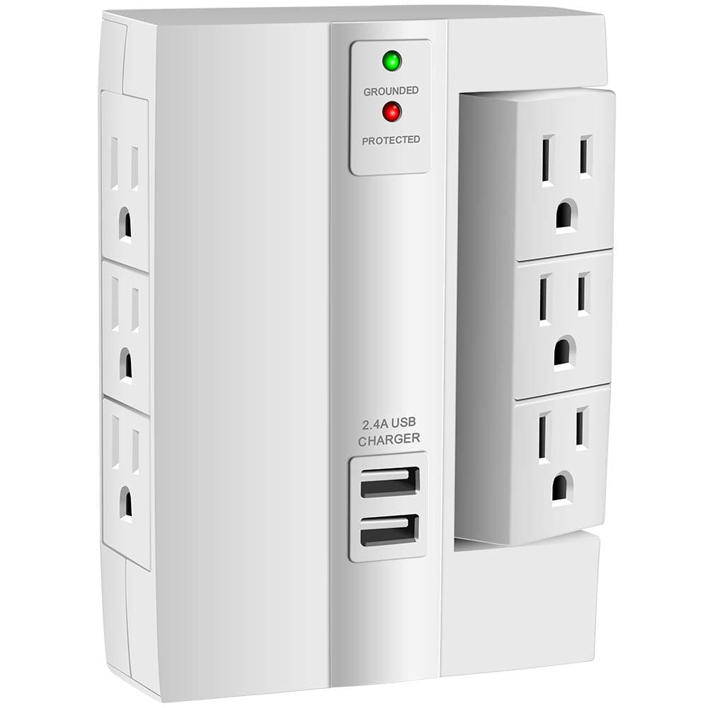 Wall Tap Surge Protector, Kasonic Top Power Strip 6 Power Outlets Plus 2 USB Ports Portable Wall-Mount Socket, Best Power Surge Protection Smart Charging for Home and Office (1 Pack)