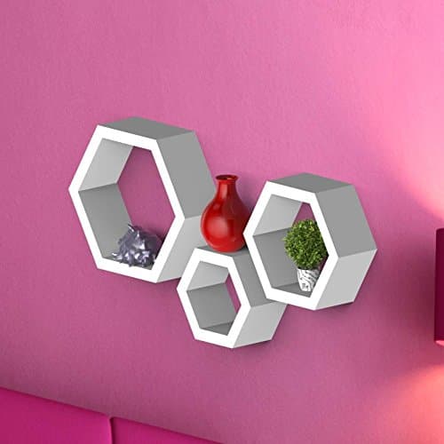 Engineered Wood Wall Mount Wall Shelf Storage Display Floating Shelf for Home and Room Decor Items Hexagon Shape (Set of Three, White)