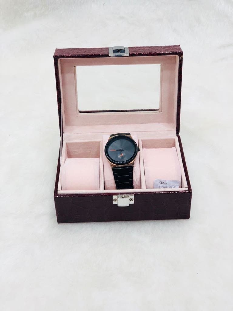 Dreamworld Wrist Leather Watch Box Case Storage Box Display Organizer of Faux Leather Finish with Glass Window 3 Slot 16x8x11 CM (Brown)