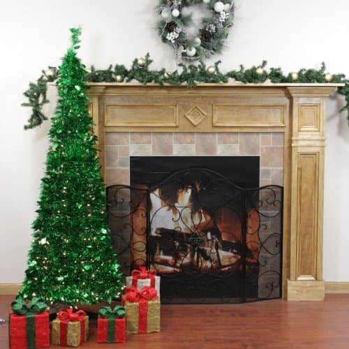 Rich Pacific 6' Pre-Lit Slim Pop Up Bright Green Tinsel Artificial Christmas Tree - Clear Lights