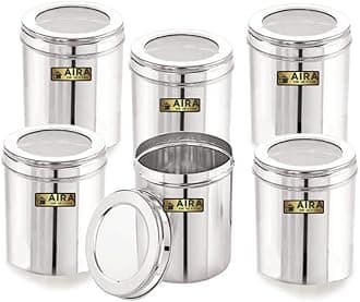 AIRA Stainless Steel Containers for kitchen with See Through Air Tight Lid | Ubha Dabba | Vertical Canisters, Silver (1000 ml - 6 pcs) Food Grains Capacity - (750 GM PACK OF 6)