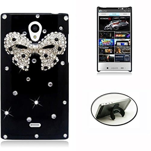 [STOP&ACCESSORIZE] 3D SILVER BOW BLACK RHINESTONE COVER REFINED PLASTIC MOBILE PHONE CASE for SHARP AQUOS CRYSTAL + FREE U KICKSTAND