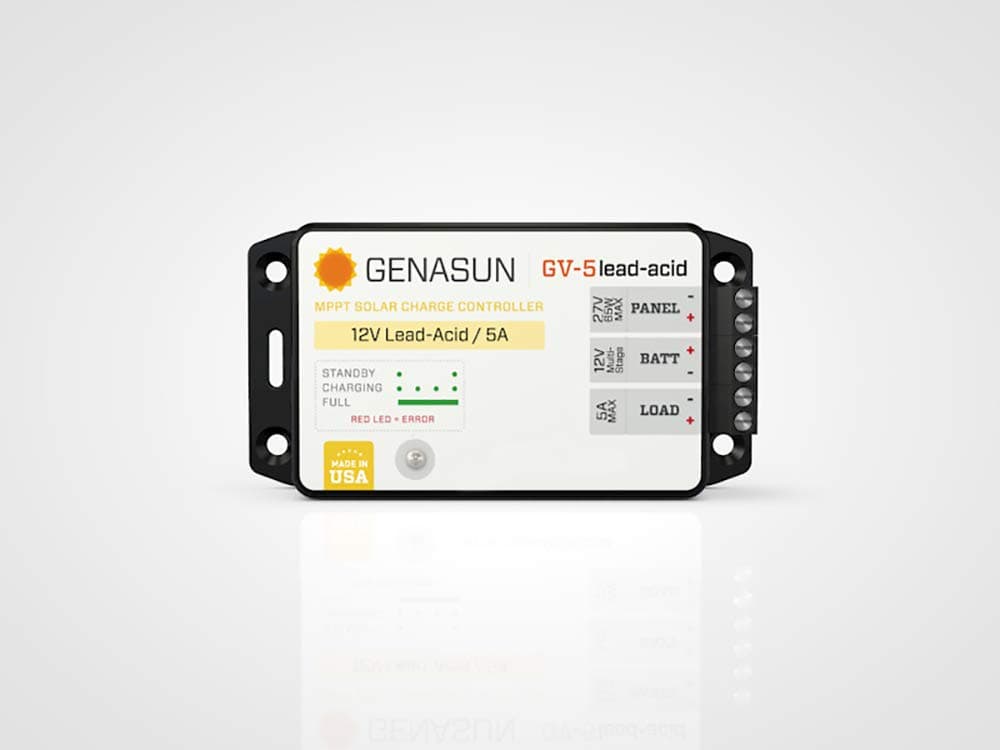 GenasunGV-5-Pb-12V, 5 A MPPT Solar Charge Controller for 12 V Lead-Acid Batteries and 5 A Load Output with Low Voltage Disconnect (LVD)