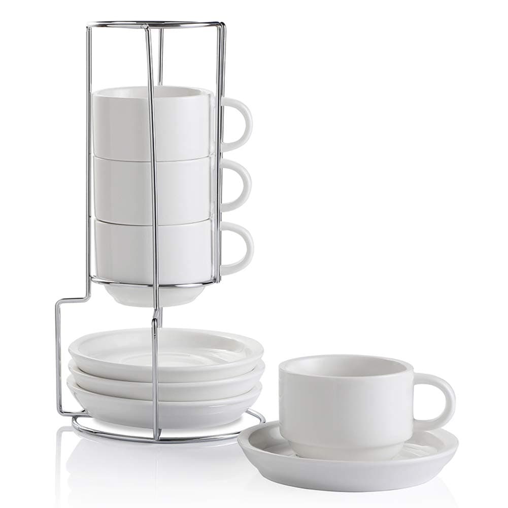 Sweejar Home Porcelain Espresso Cups with Saucers, 120 ml Stackable Cappuccino Cups with Metal Stand for Coffee Drinks, Latte, Tea - Set of 4 (White)