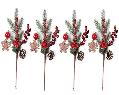 FLORRALIA Artificial Pine Cone Picks with Red Berry Stems 16 Inch Floral Picks for Xmas Tree Fillers Xmas Decor /set of 4