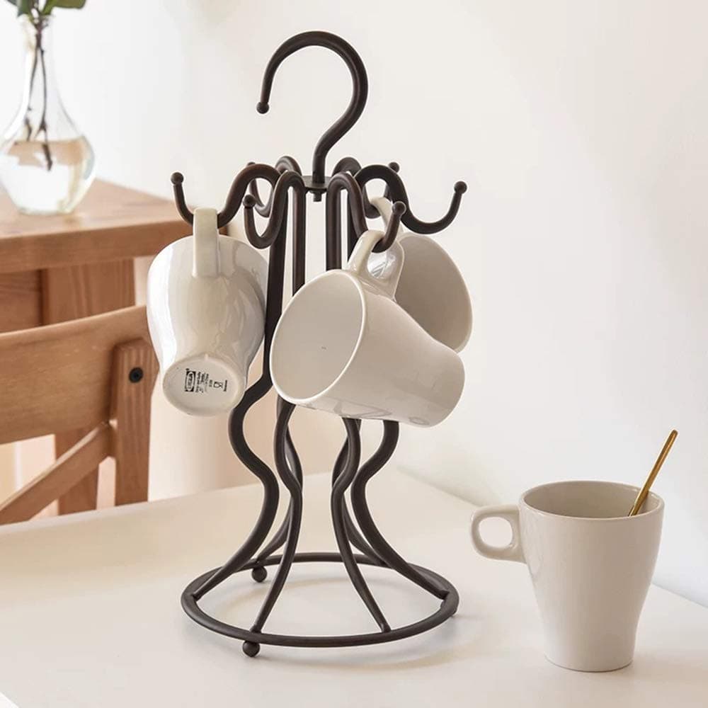7U Mug Tree Holder Organizer, Creative Rustic Metal Wire Coffee Mug Display Rack with 6 Hooks for Large Mugs and Small Tea Cups Stand on Kitchen Countertop - Antique Bronze