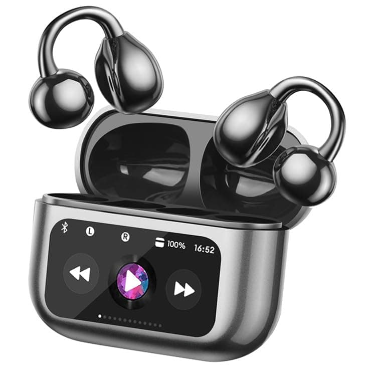 Open Ear Clip On Earbuds Intelligent Touch Color Screen Open Ear Wireless Bluetooth 5.4 Headphones Lightweight Comfort Sport Earbuds Built-in Mic IPX7 Waterproof Earphones for Running Fitness(Black)