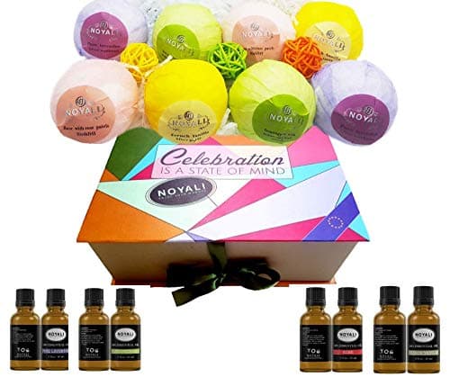 noyali 2IN1 Set 8 Organic Big Bath Bombs Plus 4 Essential Oils Gift Set Handmade and Luxurious. Rich Fragrant with Extra Cocoa & Shea Butter for moisturizing Your Skin, 100% Natural Ingredients