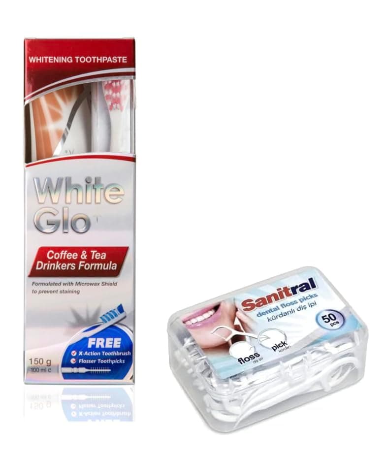 White Glo Premium Coffee & Tea Drinkers Formula Intense Extra Whitening Toothpaste & Toothbrush-100 ml ((with Sanitral 50 Pcs Dental Floss Stick Included as a Gift)