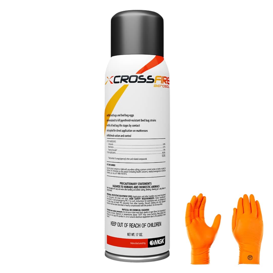 Crossfire Aerosol - Kills pyrethroid-Resistant Bed Bug strains at All Life Stages, Ideal Bed Bug Solution with USA Supply Gloves | USA Supply Pest Identification Card