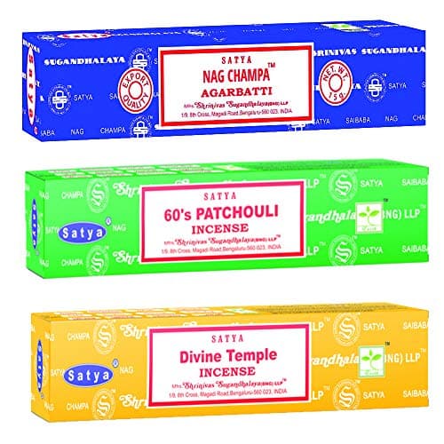 Satya Holistic Mix Incense Sticks 3-Pack Assortment | Slow-Burning, Long-Lasting Nag Champa, 60's Patchouli & Divine Temple (15g Each)