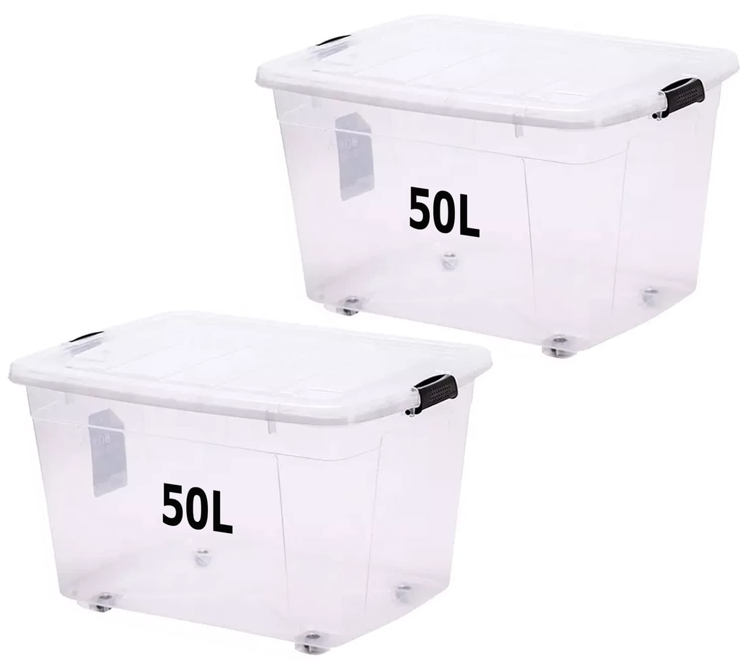 Premify Storage Box 50 L With Lockable Lid & Wheels Clear Plastic Organizer – Transparent Box Storing Clothes, Toys, Tools, Medicine, Office, Documents, Arts & Crafts (2 x 50L Storage Boxes)