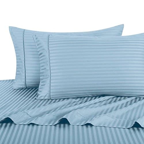 Striped Deluxe and Super Soft 300 Thread Count, 100 Cotton Attached Waterbed Sheet Set with Pole Attachment. Fits mattresses up to 15" deep. 3 Piece Super Single Size, Blue