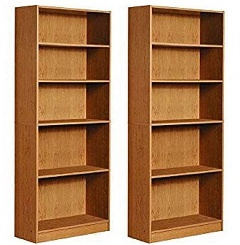 Mylex Five Shelf Bookcase; Three Adjustable Shelves; 11.63 x 29.63 x 71.5 Inches, Oak, Assembly Required (43070), Set of 2 + Cleaning Cloth