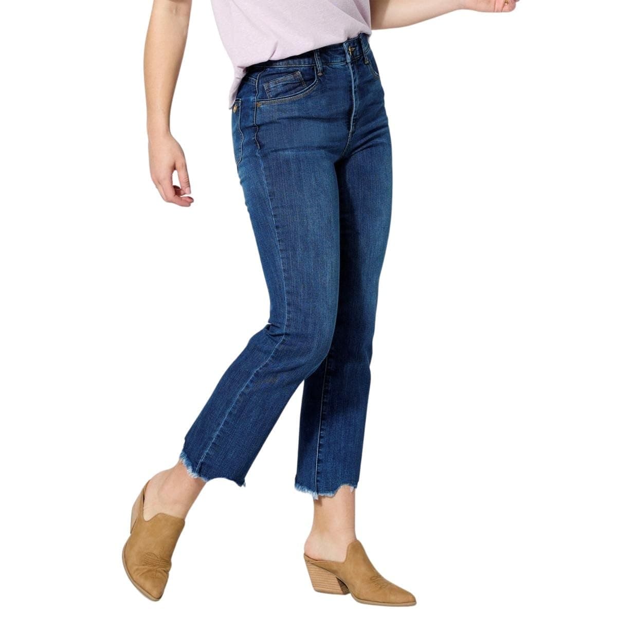 Democracy Women's Ab Solution Skyrise V-Yoke Barely Boot Destroyed Demin Jeans (Blue, 12)