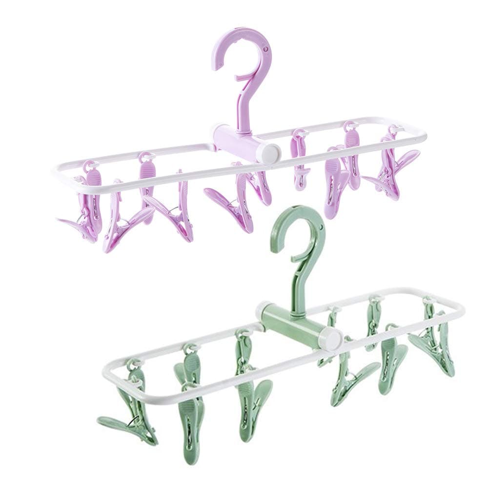 Folding Portable Laundry Hanger with 12 Clips Drying Rack for Socks&Lingerie Plastic Clothes Pins (Assorted)