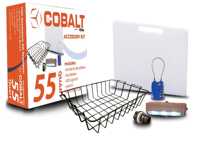 Cobalt 25/55 Quart Coolers Unique Cooler Accessory Kit (Includes Divider/Cutting Board, Basket, Lock, Light, & Plug)