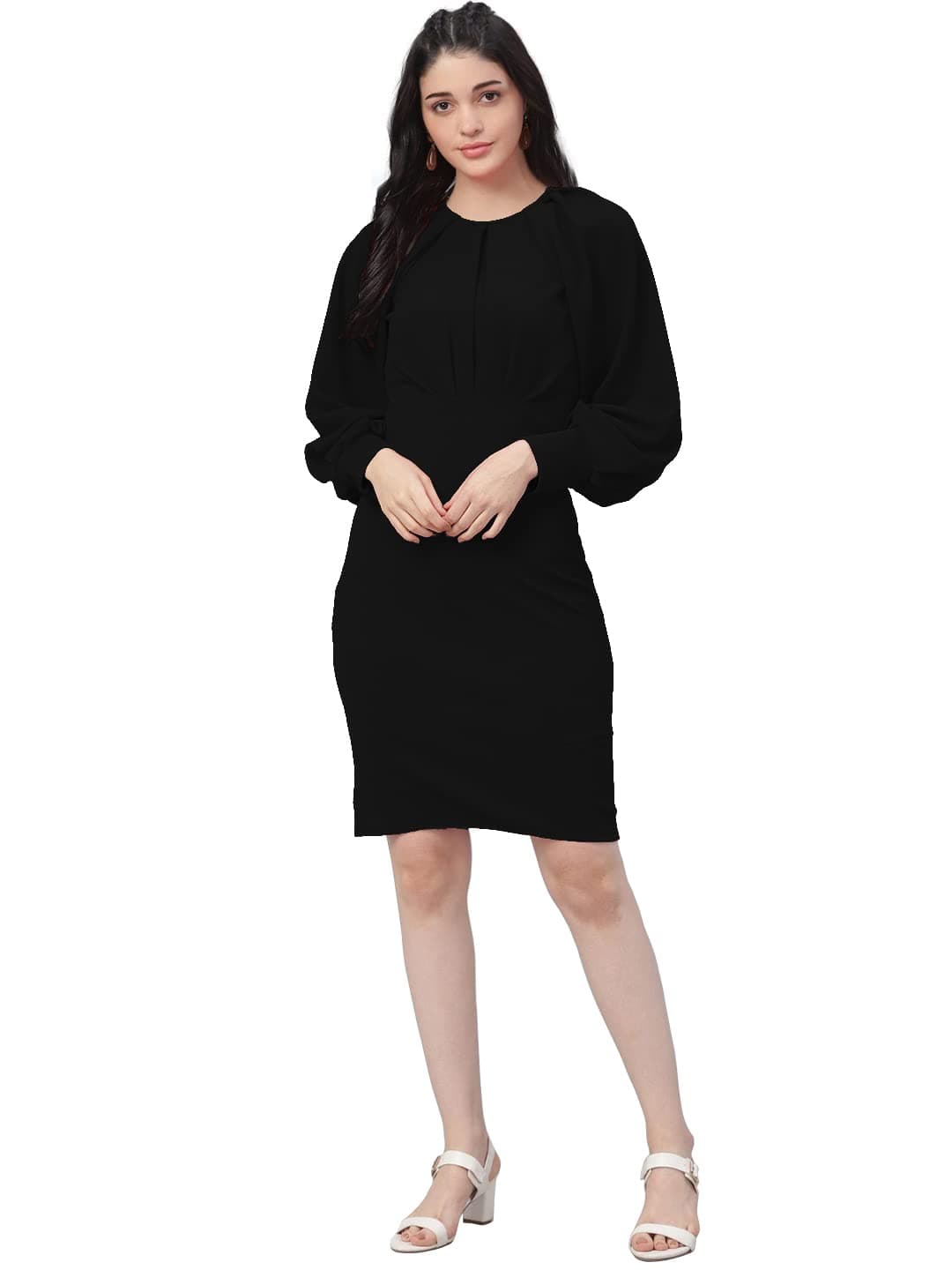 ShasmiWomen's Comfortable Mustard Round Neck Full Sleeve Solid Midi Bodycon Casual Western Stylish Dress