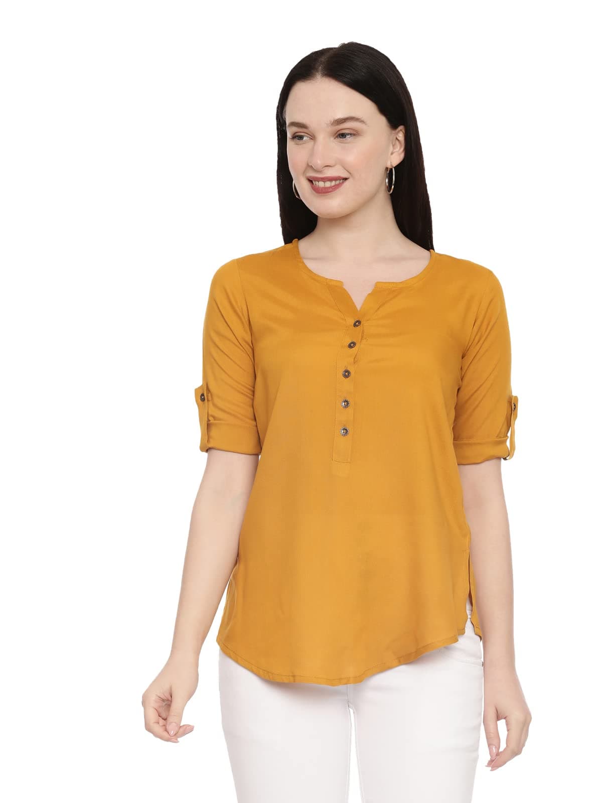 Ishwari FabWomen's Solid Casual Rayon Top with 3/4th Roll-Up Sleeve