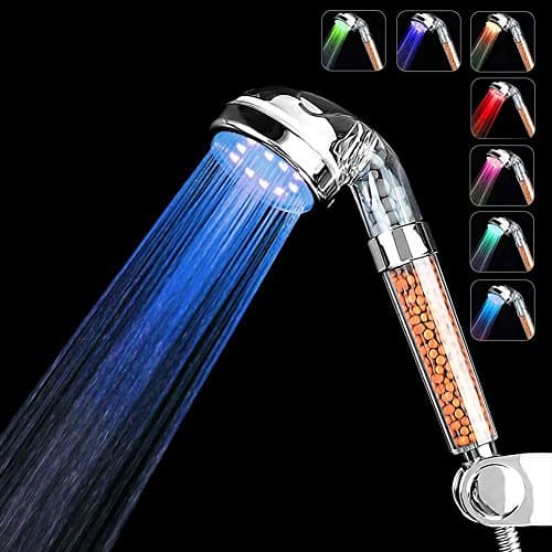 FollowFar LED Shower Head, Negative Ionic Double Filter Removes Heavy Metals, Chlorine, Bacteria and Impurities Led shower nozzle Lights 7 Color Changing and Give away Bath ball as a Gift