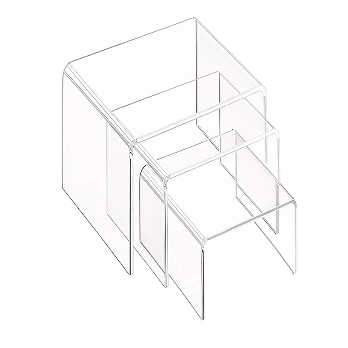 Clear Acrylic Display Risers, 3 Pieces Showcase Shelf for Figures, Buffets, Cupcakes and Jewelry Display Stands, with Sticky Protective Film