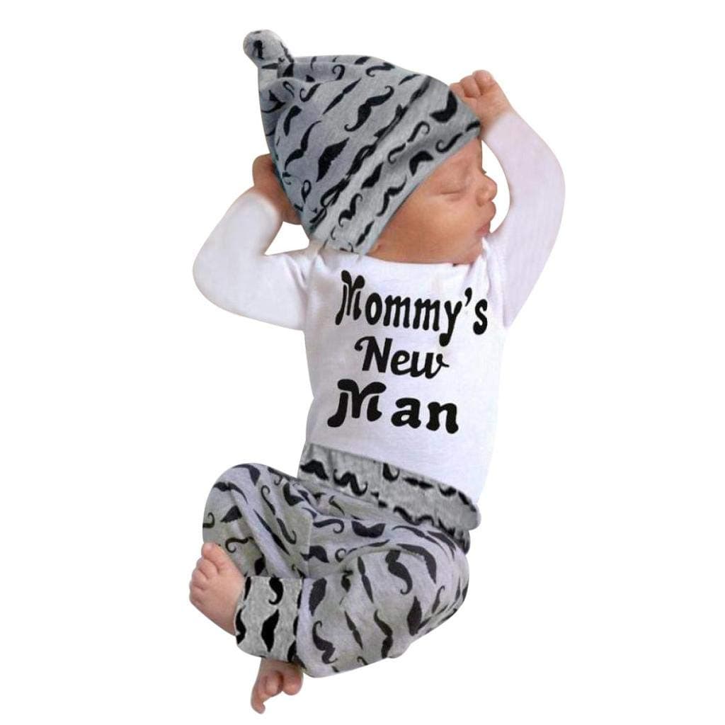 Cute 3PCS Set Newborn Baby Boy O-Neck Pullover Mustache Romper Tops +Long Pants Hat Outfits Clothes 0-18M