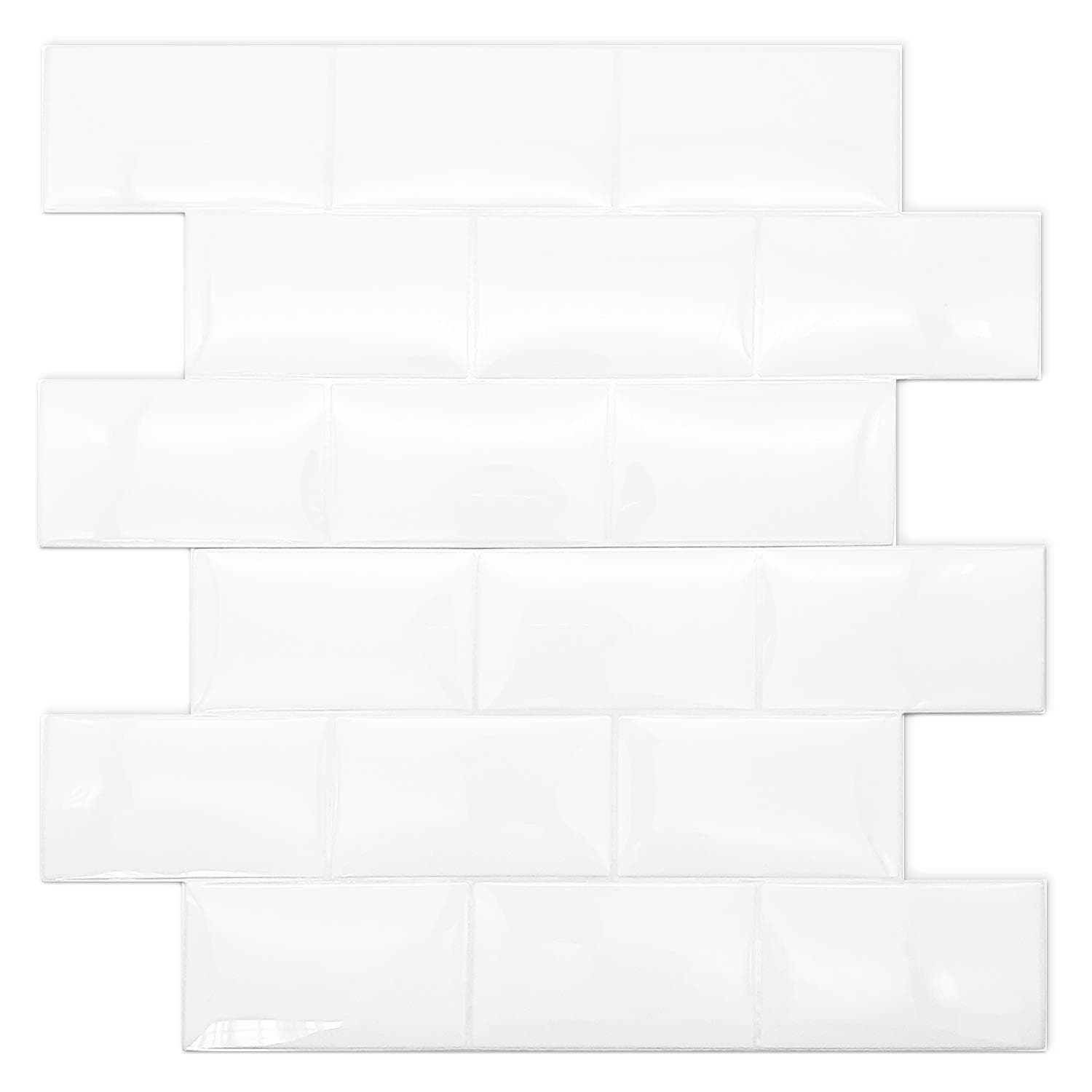 WALPLUS Upgrade Thicker 3D Tile Stickers Peel and Stick Backsplash Splashback Decals Transfer for Kitchen Bathroom Living Room on Waterproof Pure White Glossy 20pcs 15.4x30.5cm (WT3D1808)