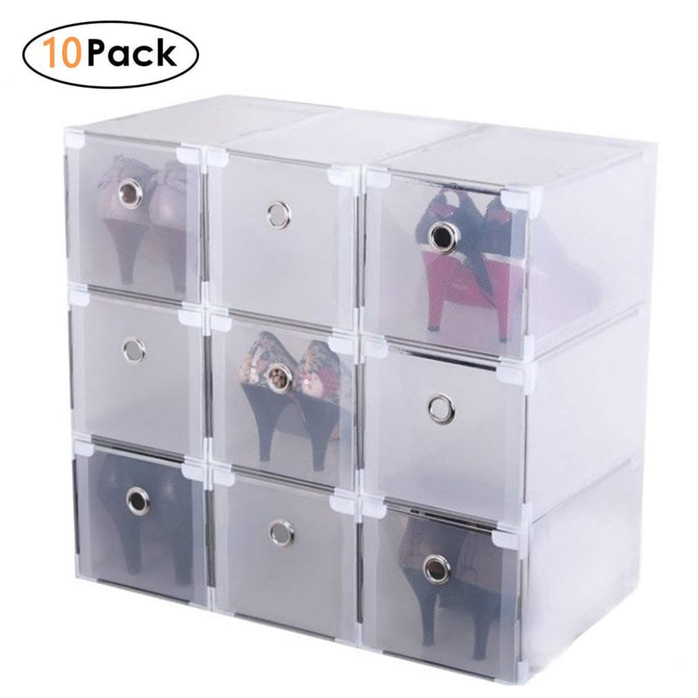 STORE Shoe Boxes 10 Pieces Clear Plastic Shoe Storage Boxes Stackable Foldable Shoe Box Organizer Trainer Drawer for Women/Men (29x18x18cm)