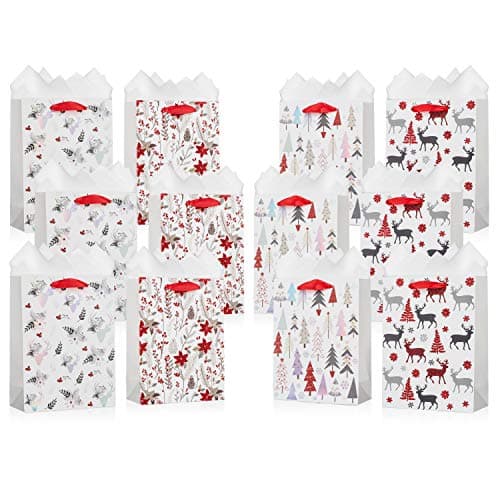 12 Pack Christmas Gift Bag - Includes White Tissue Paper - Premium Quality for Gift Wrap (White and Red 12 Pack)