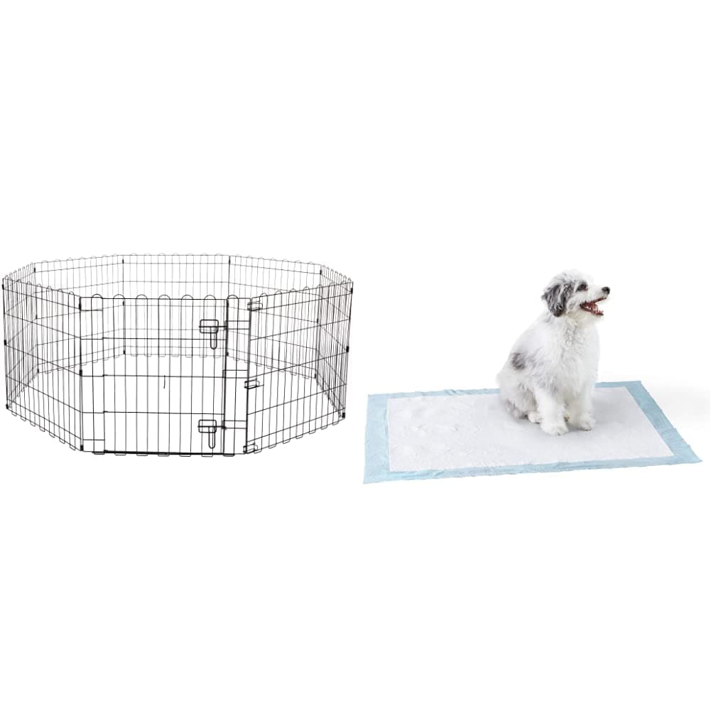 AmazonBasics Foldable Metal Pet Dog Exercise Fence Pen with Gate - 60 x 60 x 24 Inches and AmazonBasics Heavy Duty Pet and Puppy Training Pads, XL, 50 Count