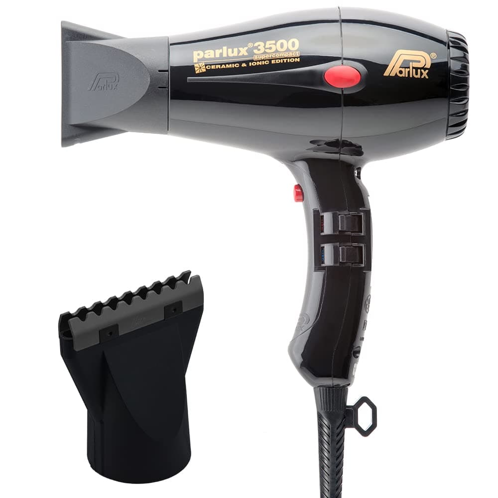 Parlux 3500 Super Compact Ceramic & Ionic Black Hair Dryer + M Hair Designs Hot Blow Attachment (Bundle) – Lightweight, Fast-Drying, Frizz-Control Blow Dryer for Smooth Styling