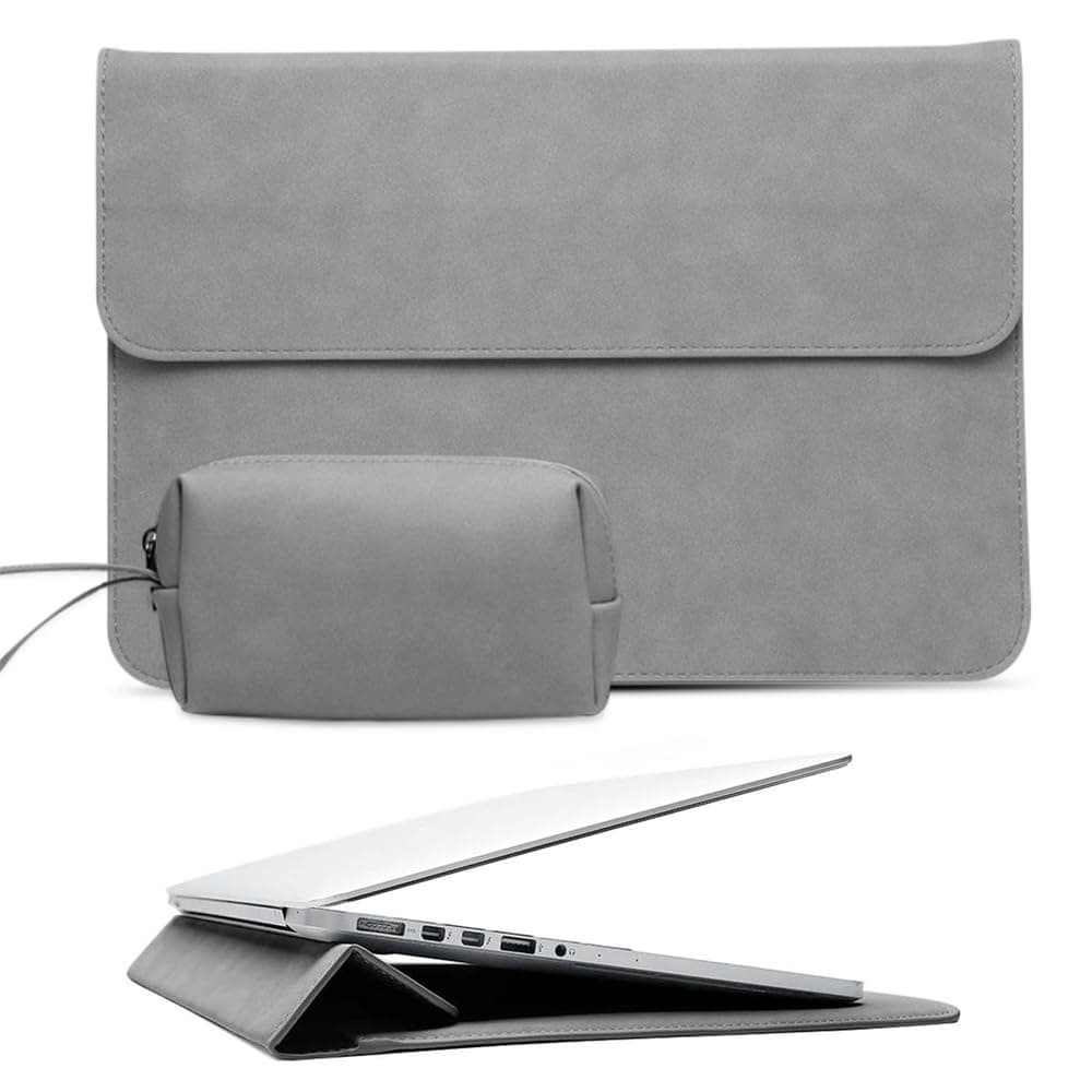 13-14 Inch Laptop Stand Sleeve Case, Computer Bag With 3 Adjustable Angle Stand, Faux Suede Leather for MacBook Air Pro Retina Surface Pro With Pouch (Gray)
