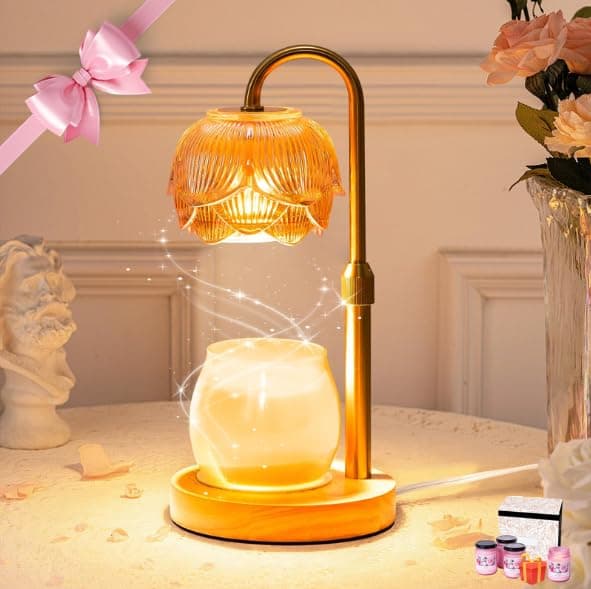 LOFTEK Candle Warmer Lamp with Timer - Dimmable - Adjustable Height, Electric Wax Melt Warmer Lamp with 2 Bulbs for Scente, Jar Candles, Vintage Home Room Decor, Warming Gift for Women, Gold Flower