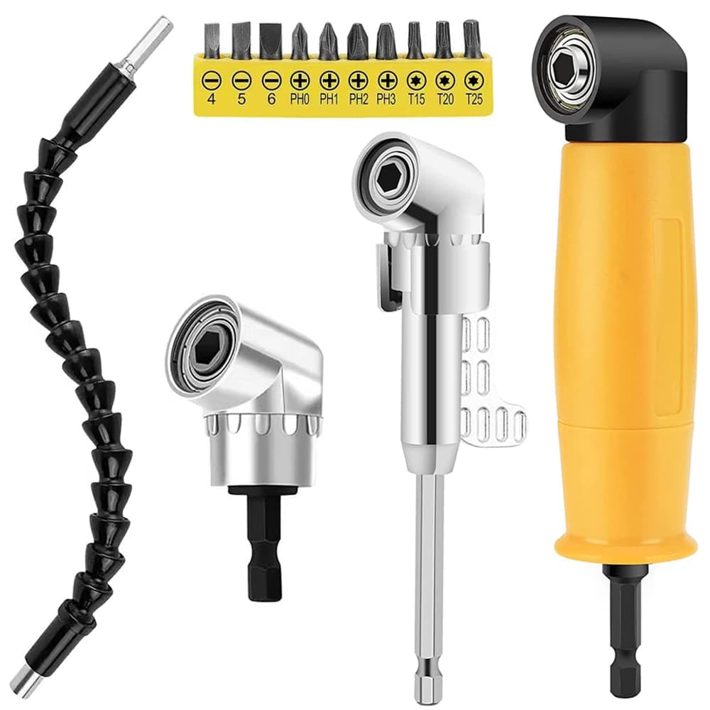 Grednfhat Right Angle Drill Attachment Set, Including Flexible Drill Bit Extension, 3pcs Angle Extension Power Drill Attachment with 1/4'' Hex Impact Shank, Screwdriver Bit Set (Yellow)