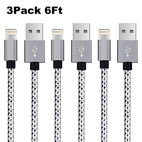 iPhone Cable, Grectek 3Pack 6FT Nylon Braided Charging Cord Charger, Lightning to USB Cable for iPhone Ⅹ, 8, 8 Plus, 7, 7 Plus, SE, 6s, 6, 6 +, 5, 5s, iPad Air / Mini, iPod (Grey White)