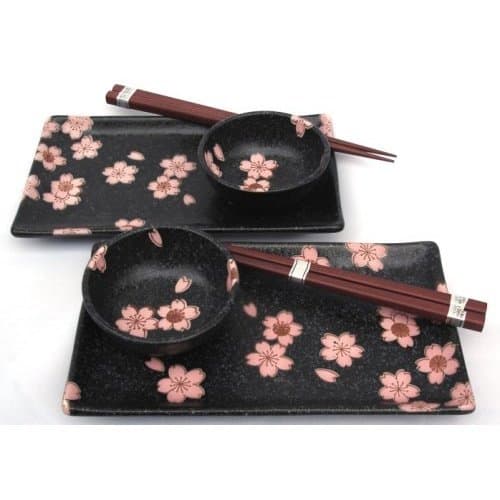 Black Sakura Cherry Blossom Sushi Plate Set for Two