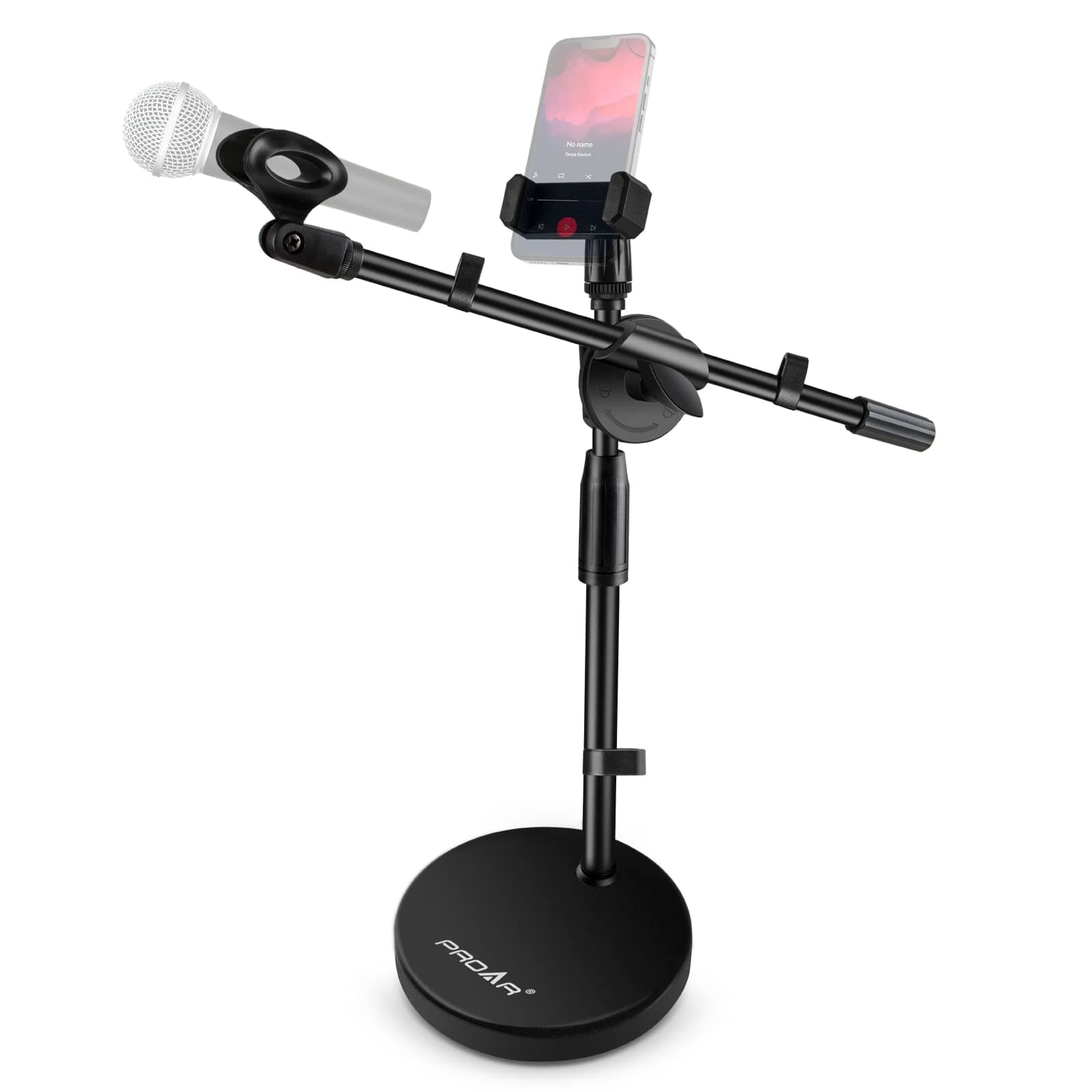 Microphone Stand Desk Adjustable Desktop Microphone Stand with Boom Arm Upgraded 3 in 1 Table Phone/Mic Stand with Microphone Clip,Cell Phone Clip,3/8" to 5/8" Adapter for Universail Mic
