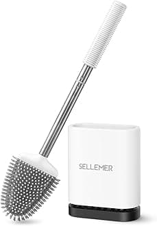 Sellemer Toilet Brush and Holder Set for Bathroom, Flexible Toilet Bowl Brush Head with Silicone Bristles, Compact Size for Storage and Organization, Ventilation Slots Base (1 Pack, White)