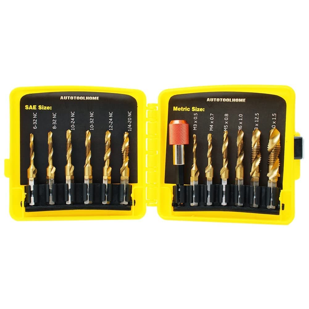 Titanium Combination Drill Tap Bit Set 13PCS SAE and Metric Tap Bits Kit for Screw Thread Drilling Tapping Deburring Countersinking