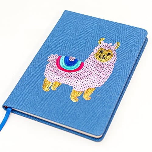 Notebook A5 Size - Embroidered Llama Sequin Design - Ruled/Lined Pages with Marker Ribbon - Sequin Notes (Blue) Unknown Binding