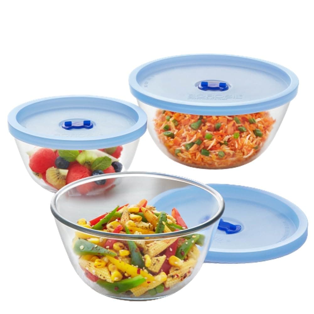 Borosil Select Serving & Mixing Bowl with Blue Lid | 3 pc (500ml + 900ml + 1.3L) | Borosilicate Glass Bowl for Kitchen & Dinning | Bowl for Mixing Dough, Salad, Batter | Microwave & Dishwasher Safe