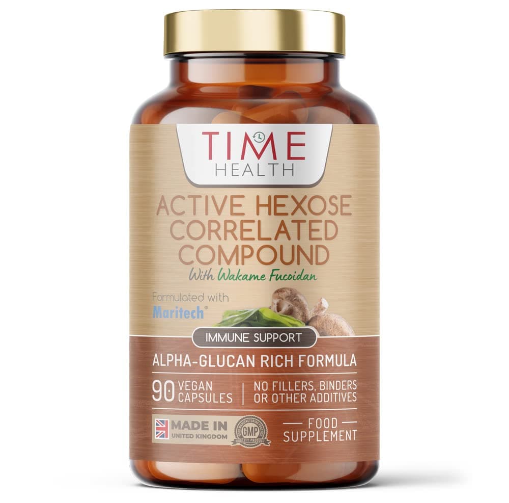 Time Health Active Hexose Correlated Compound with Premium Maritech® Fucoidan - Immune Support & Gut - No Additives - UK Made - GMP Standards - Pullulan (90 Capsule Bottle)