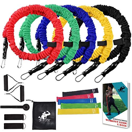 JP FLEX Bands, 16 pcs Resistance Bands Workout Set with Protective Nylon Sleeves Anti-Snap, 5 Exercise Elastic Bands | 5 Stretch Loop Bands | 2 Ankle Straps | 2 Foam Handles | Door Anchor | Ebook