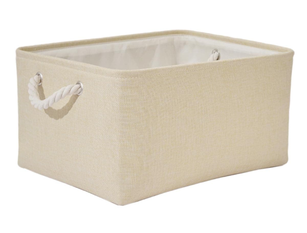 Collapsible Rectangular Storage Basket with Handles, Storage Bins Organizer Basket Used for Organizing Shelves, Closets, Clothes, and Toy, Beige (Medium (36 * 26 * 17cm))
