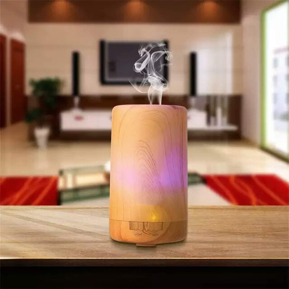100ml USB Mini Essential Oil Diffuser, Cool Mist Humidifier, Auto Off Safety Switch - 7 Colour LED Lights and 4 Timer Settings for Home Office Car Travel Diffuser (Wood Grain)
