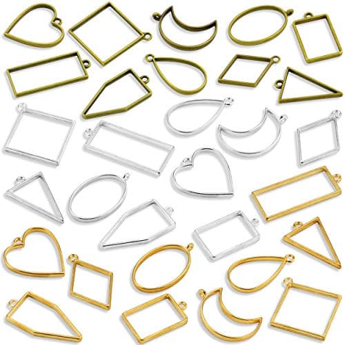 Neworkg 30 Pcs Assorted Frame Pendants, Open Bezel Pendants Charms Hollow Mold Pendants Geometric Hollow Pressed Flower Frame Pendant for Jewelry Findingsl and DIY Crafts