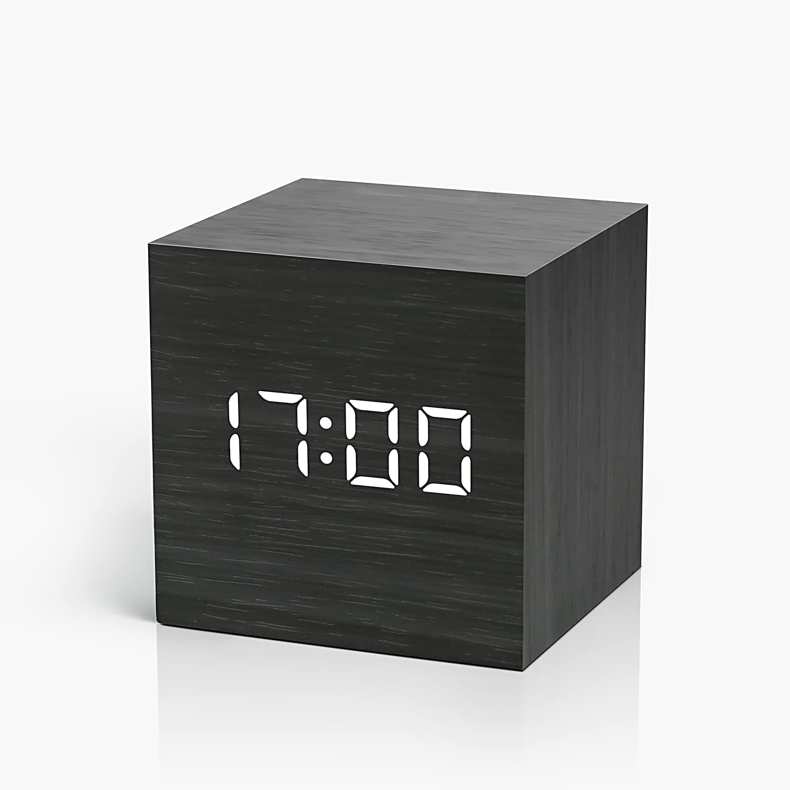 Wooden Digital Alarm Clock Cube Little Clock, LED Table Clock USB/Battery Powered for Heavy Sleepers, Kids, Bedrooms with Adjustable Brightness Voice Control, Black………