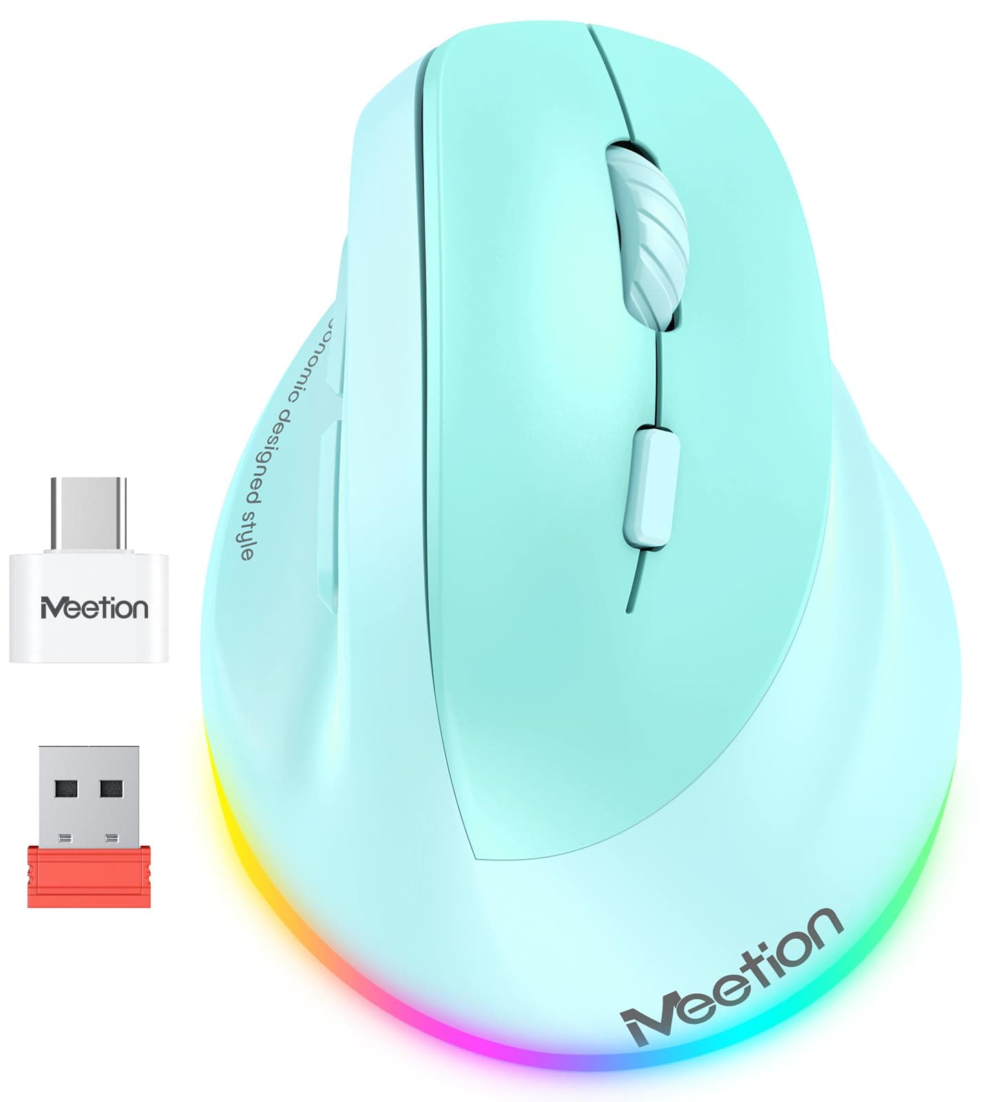 Ergonomic Wireless Mouse, Green, Bluetooth 5.0 + 3.0, 2.4GHz, 4 Adjustable DPI, RGB Backlit, Rechargeable, 2400 DPI, 4.1 x 2.8 x 1.4 in